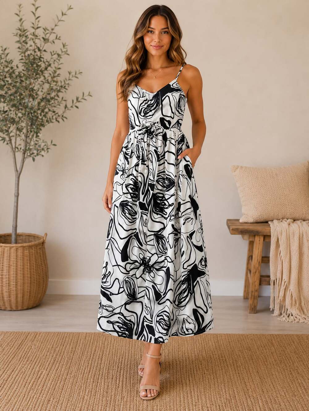 Sincerely Jules Black White Floral Abstract Midi Dress Smocked Back Size L